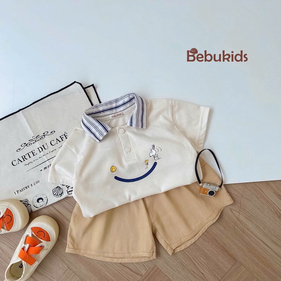SB2230- bộ polo phối cổ kẻ in miệng cười be