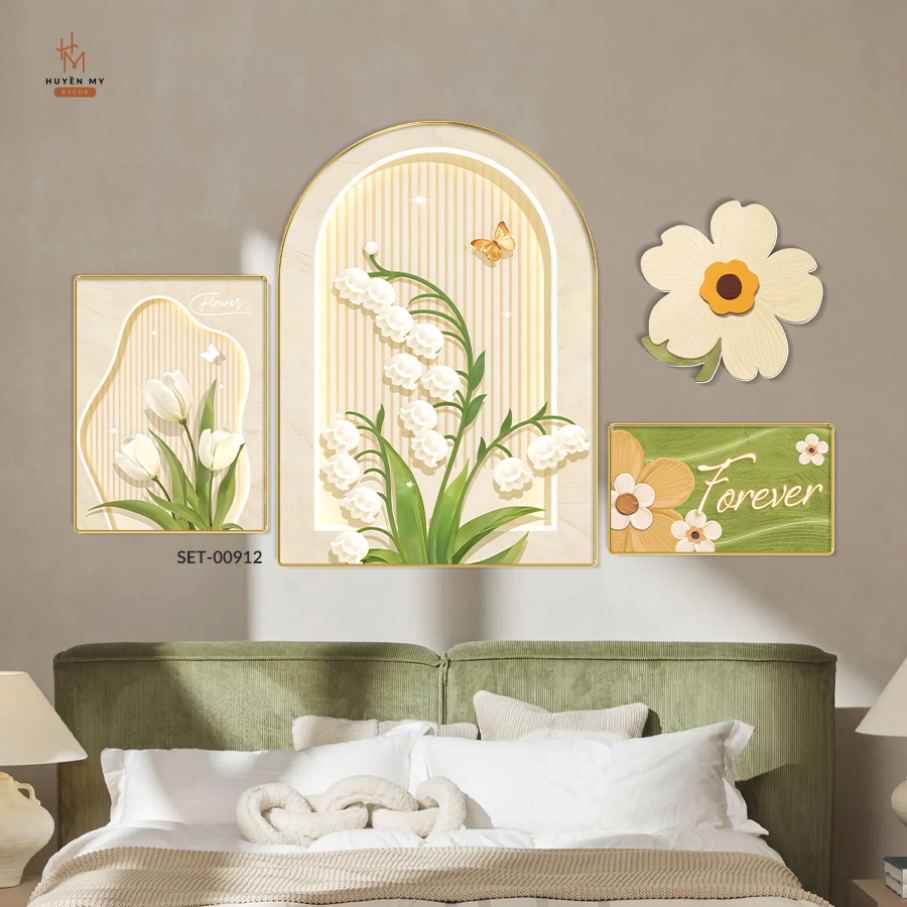 Set 4 Tranh Tráng Gương Hoa Lá Hiện Đại, Trang Trí Phòng Khách, Phòng Ngủ, Nails Mi, Spa, Phòng Bếp - Huyền My Decor