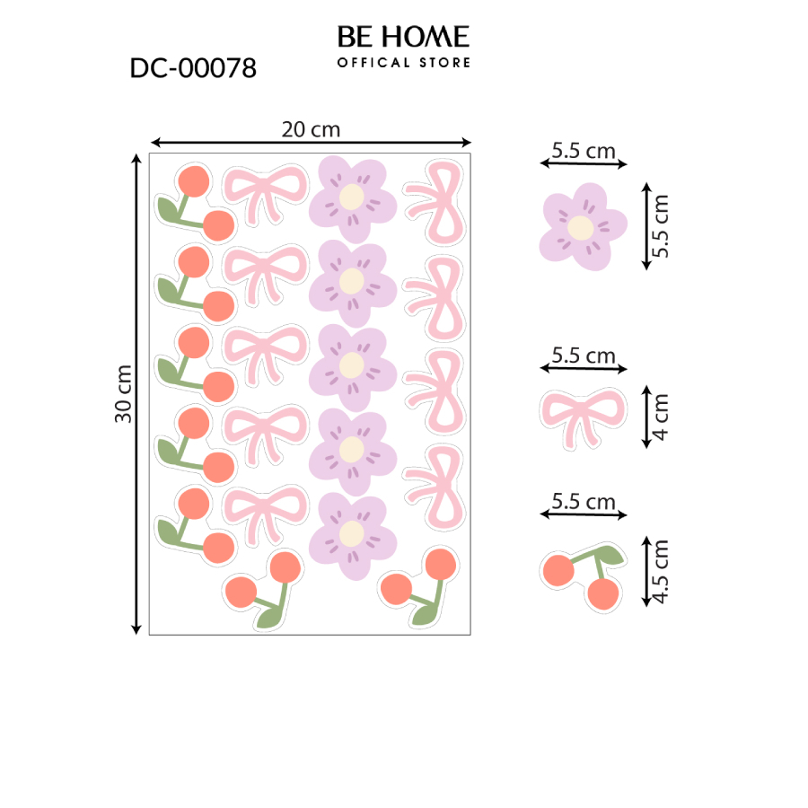 Sticker Decal Dán Tường Họa Tiết Cherry, Hoa, Nơ Trang Trí Cửa Kính, Gương, Tường, Phòng Bé, Góc Học Tập - BeHome Decor