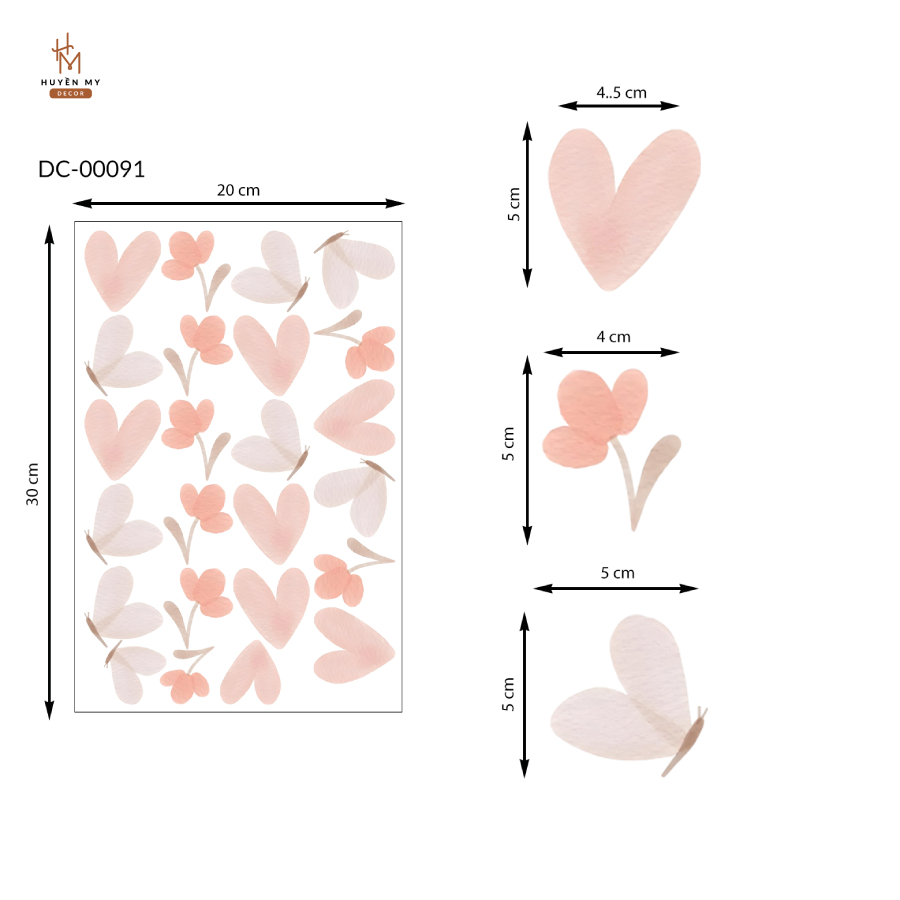 Sticker Dán Tường Tim Hoa, Bướm Dễ Thương , Decal Trang Trí Phòng Ngủ, Phòng Bé, Gương, Nail, Mi - Huyền My Decor