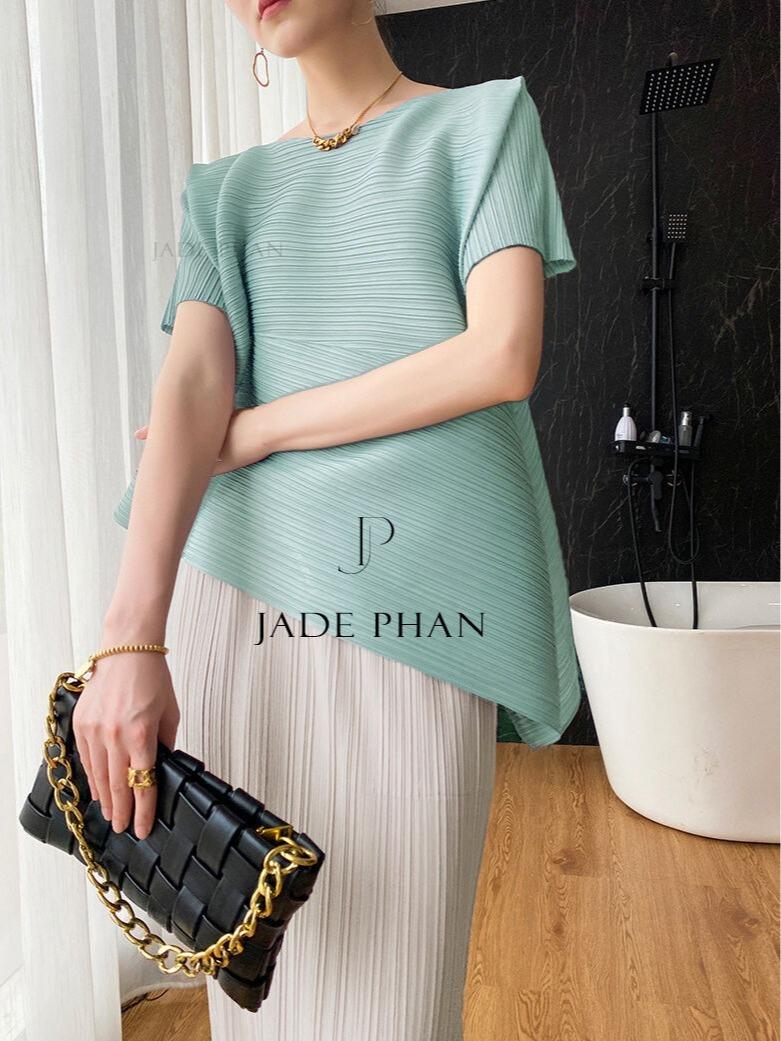 Áo Katle Mint và Chân váy Audora Trắng, áo xếp ly tà chéo và chân váy ống suông dập ly cao cấp