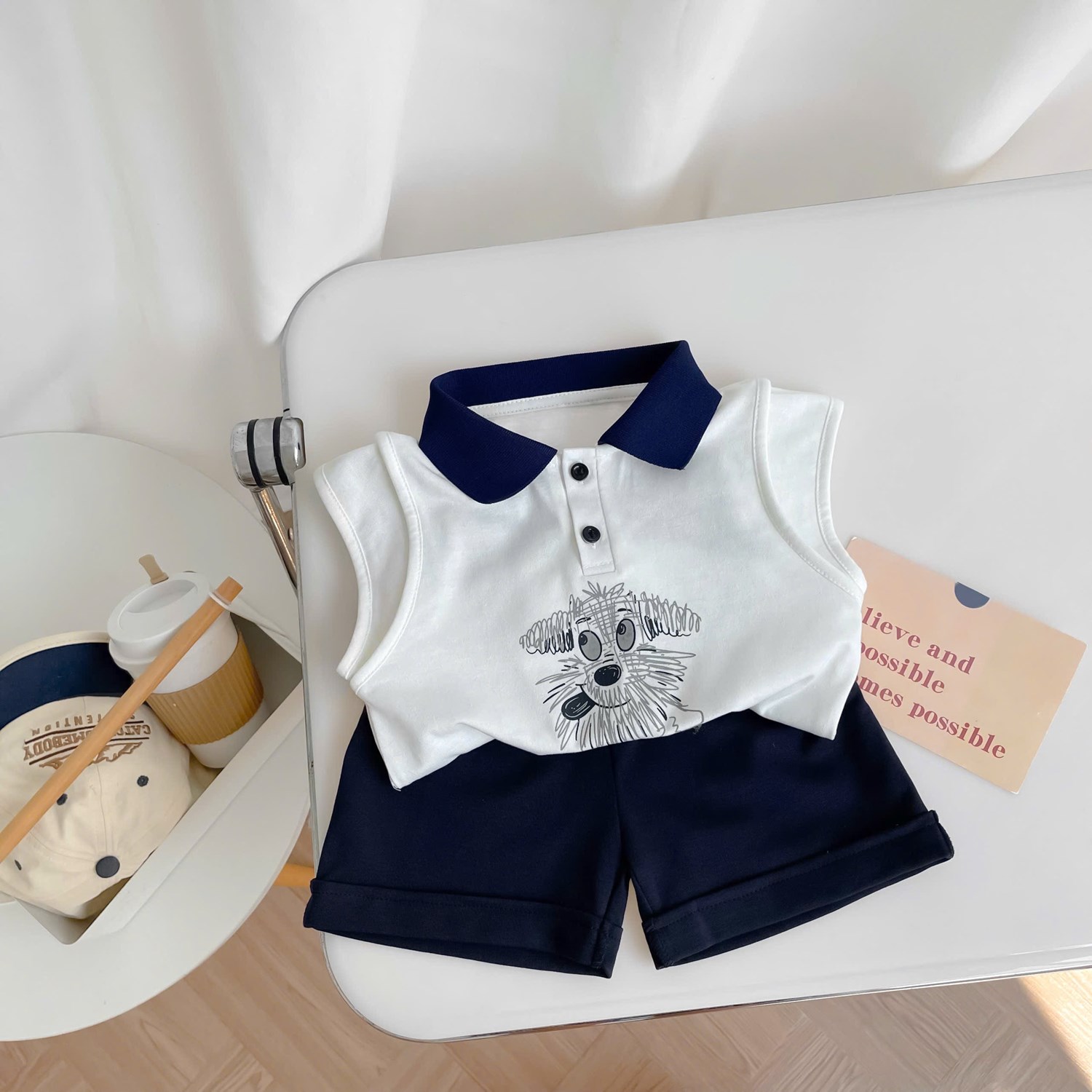 SB2428- bộ sát nách phối cổ in cún khăn chữ my dog áo trắng