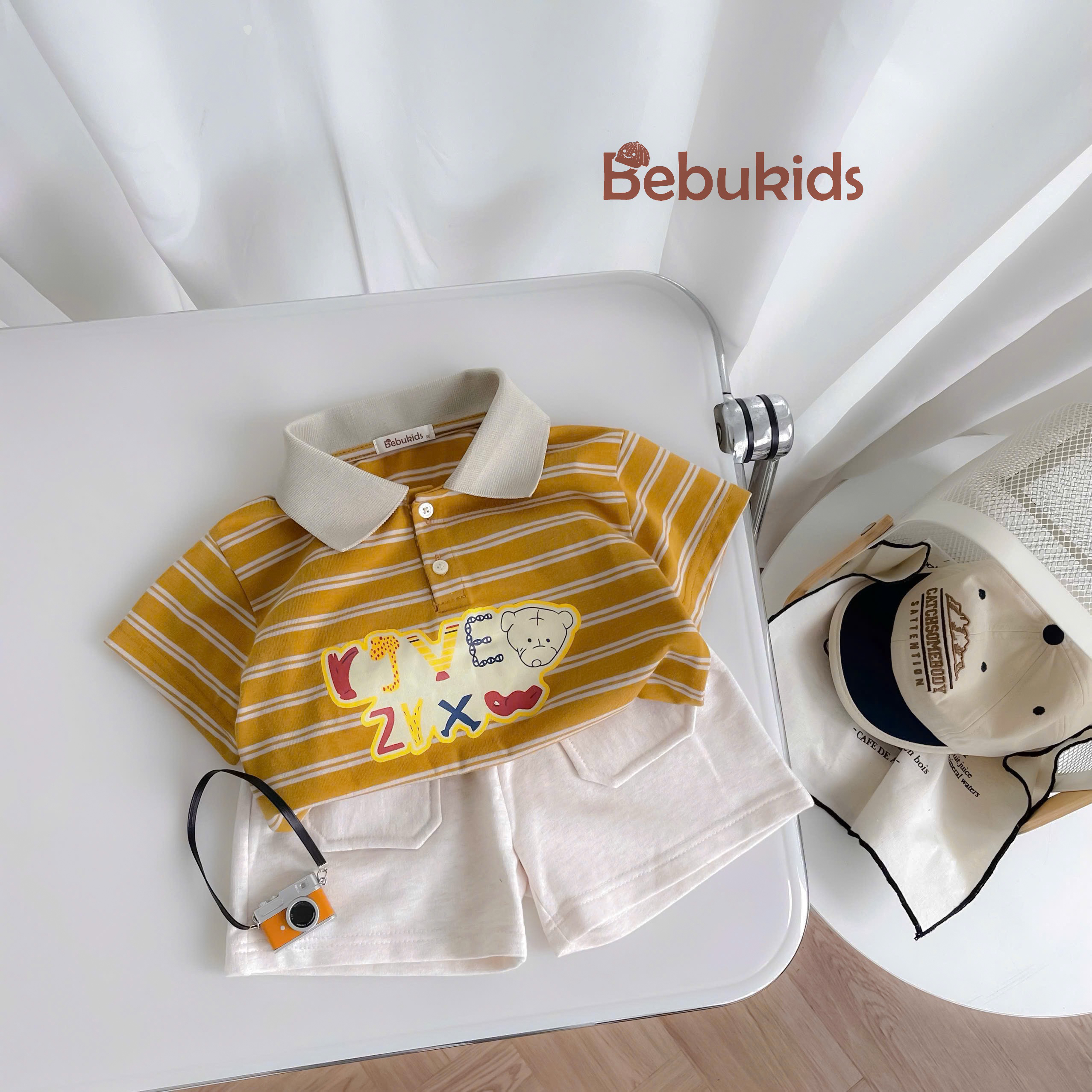 SB2351- bộ polo kẻ ngang  phối cổ in chữ,gấu kẻ nâu