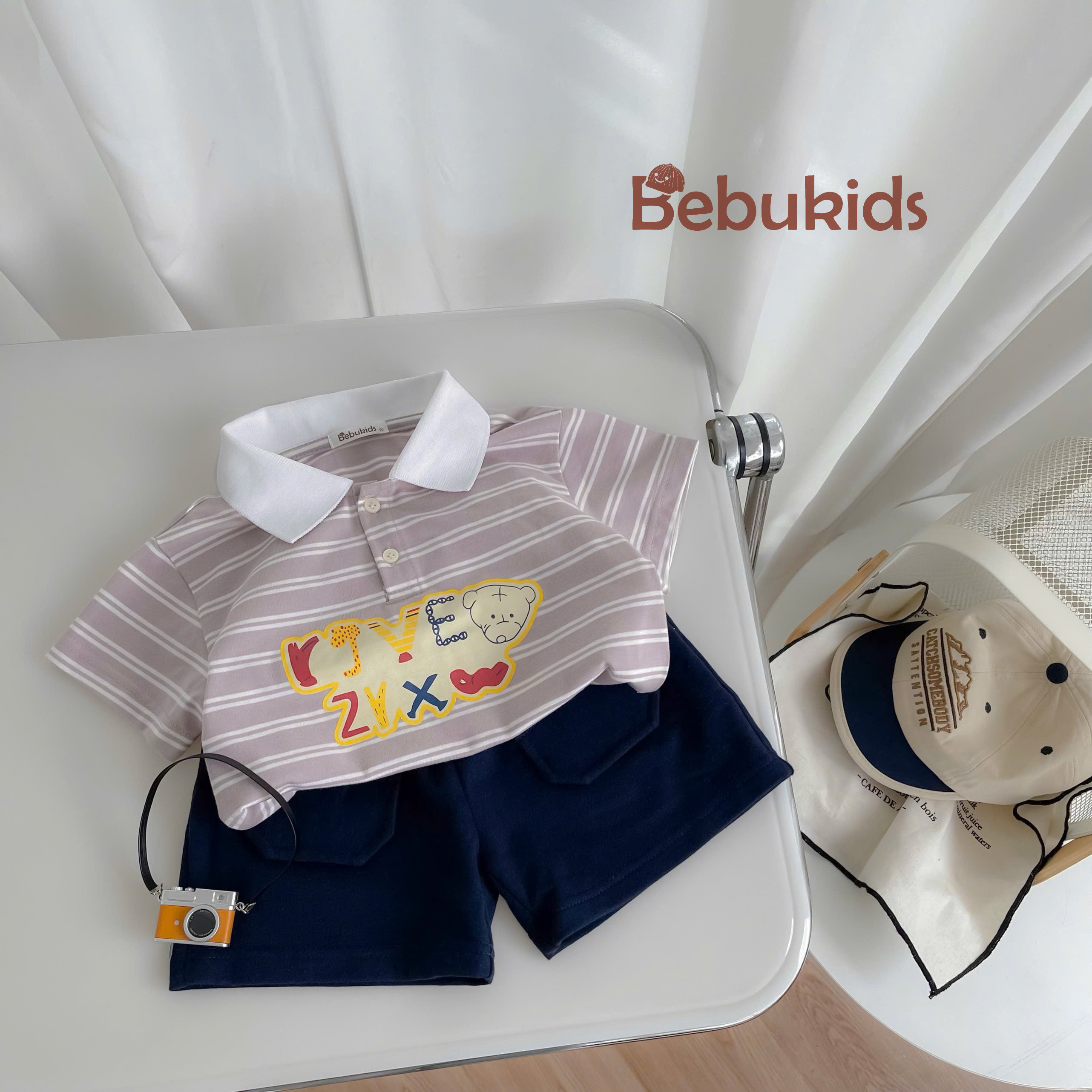 SB2351- bộ polo kẻ ngang  phối cổ in chữ,gấu kẻ tím