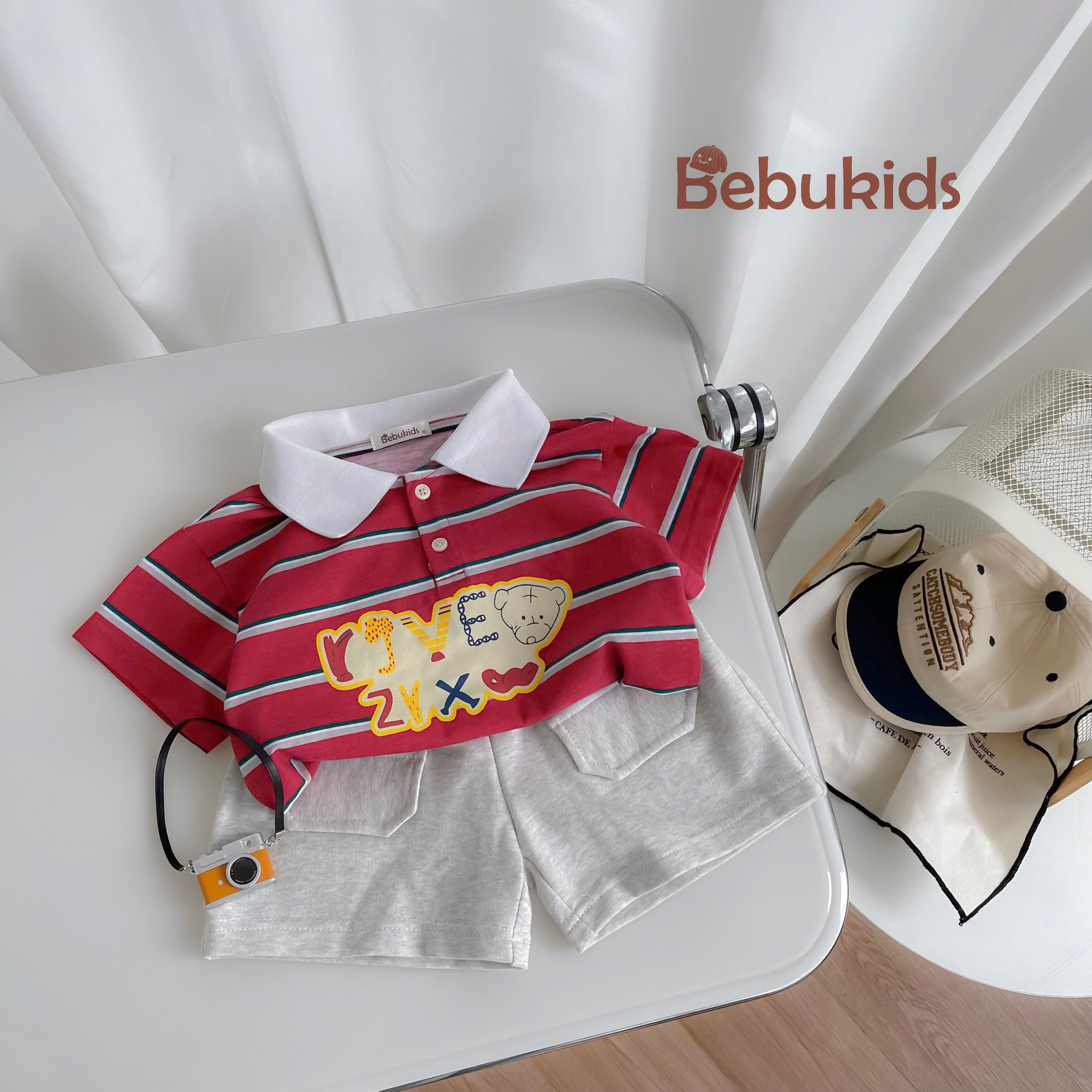 SB2351- bộ polo kẻ ngang  phối cổ in chữ,gấu kẻ đỏ