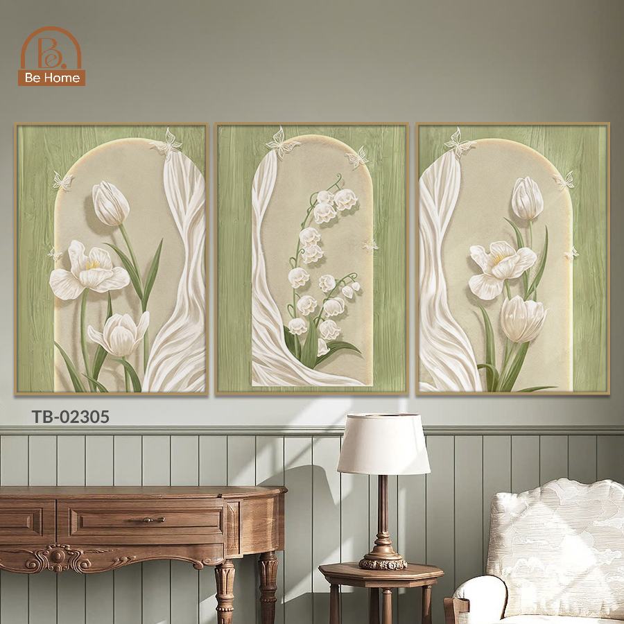 Bộ 3 Tranh Canvas Treo Tường Hoa Lá Hiện Đại, Trang Trí Phòng Khách, Phòng Ngủ, Homestay, Spa – Behome Decor