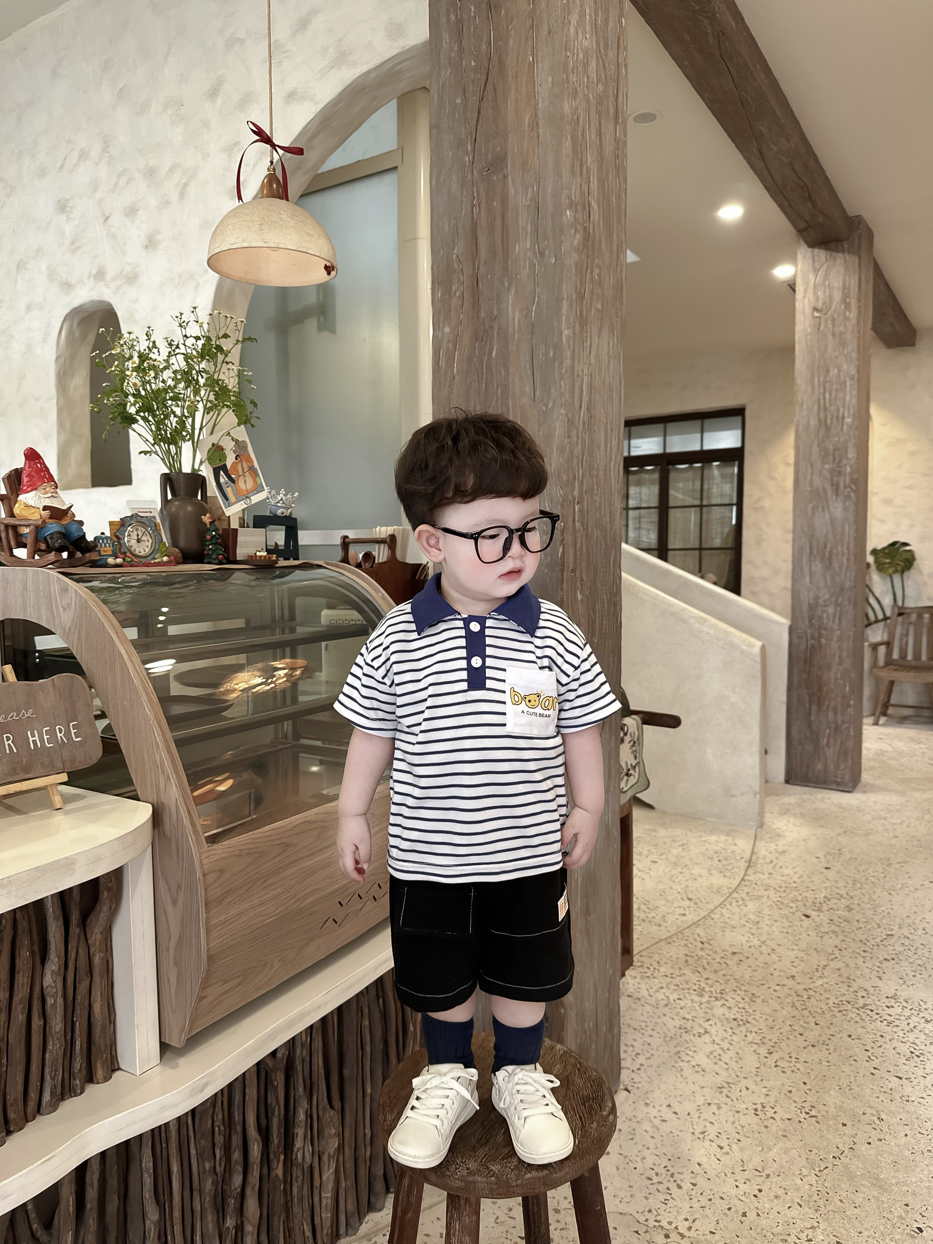 SB2252- bộ pôlo kẻ ngang phối cổ, nẹp, túi in chữ bear