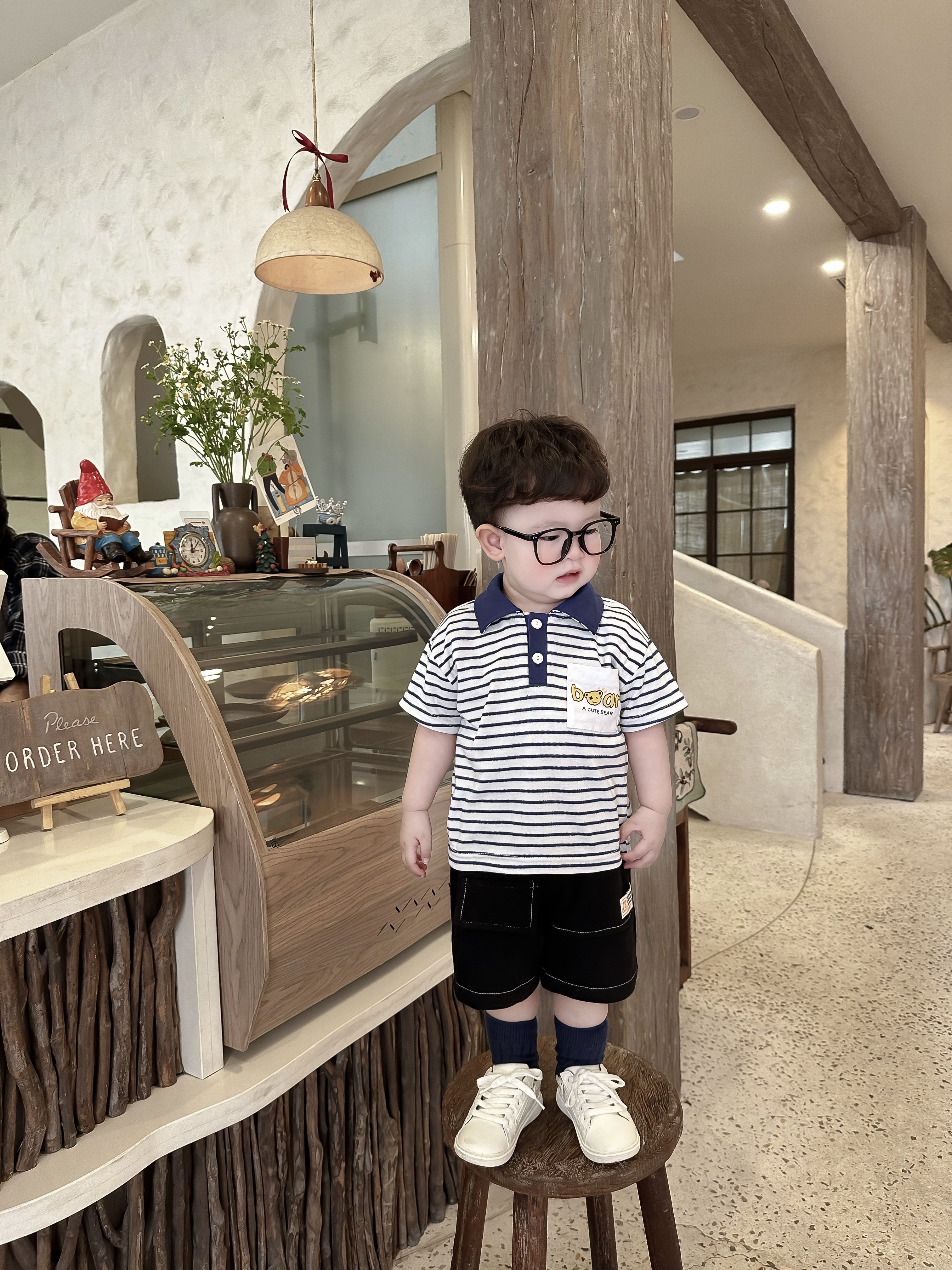 SB2252- bộ pôlo kẻ ngang phối cổ, nẹp, túi in chữ bear