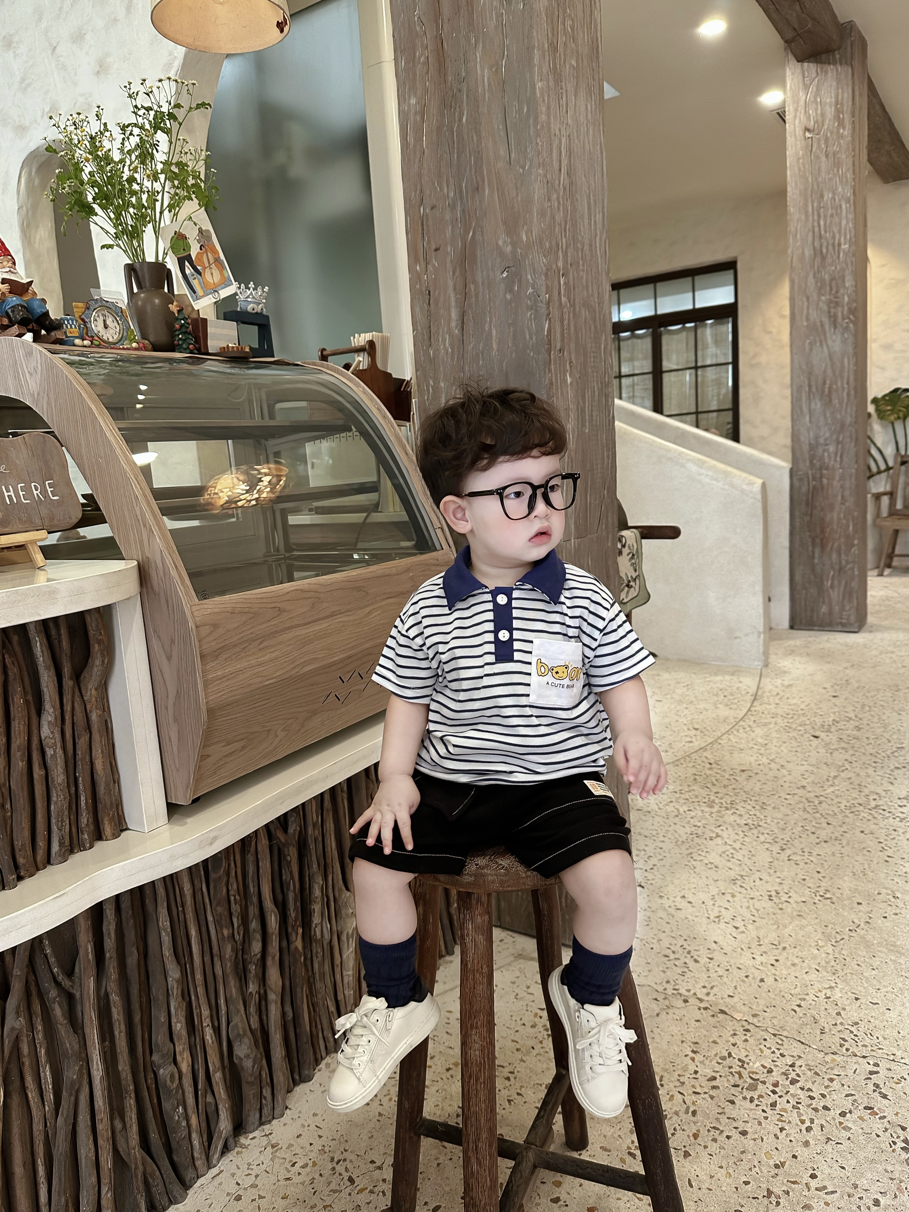 SB2252- bộ pôlo kẻ ngang phối cổ, nẹp, túi in chữ bear