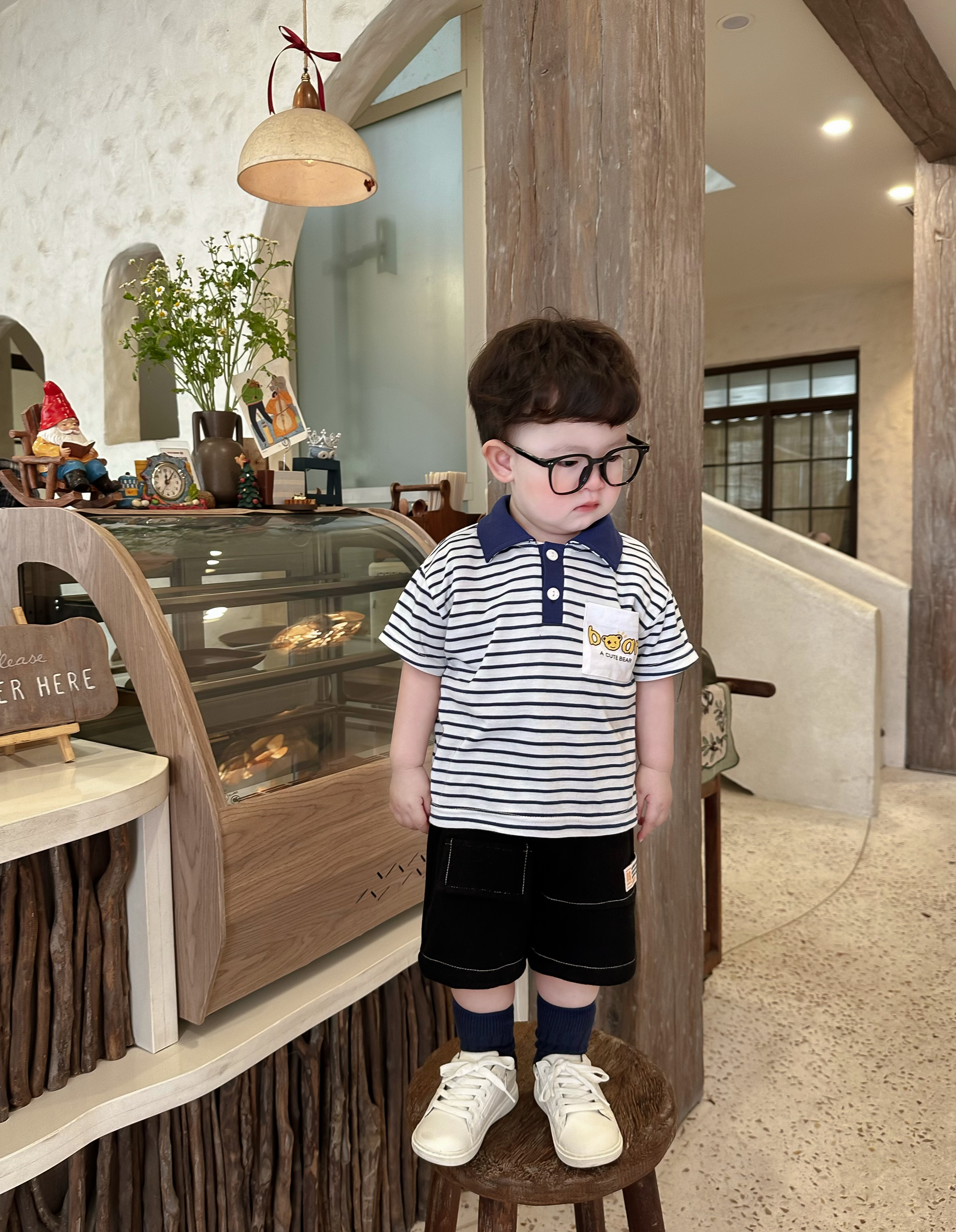 SB2252- bộ pôlo kẻ ngang phối cổ, nẹp, túi in chữ bear