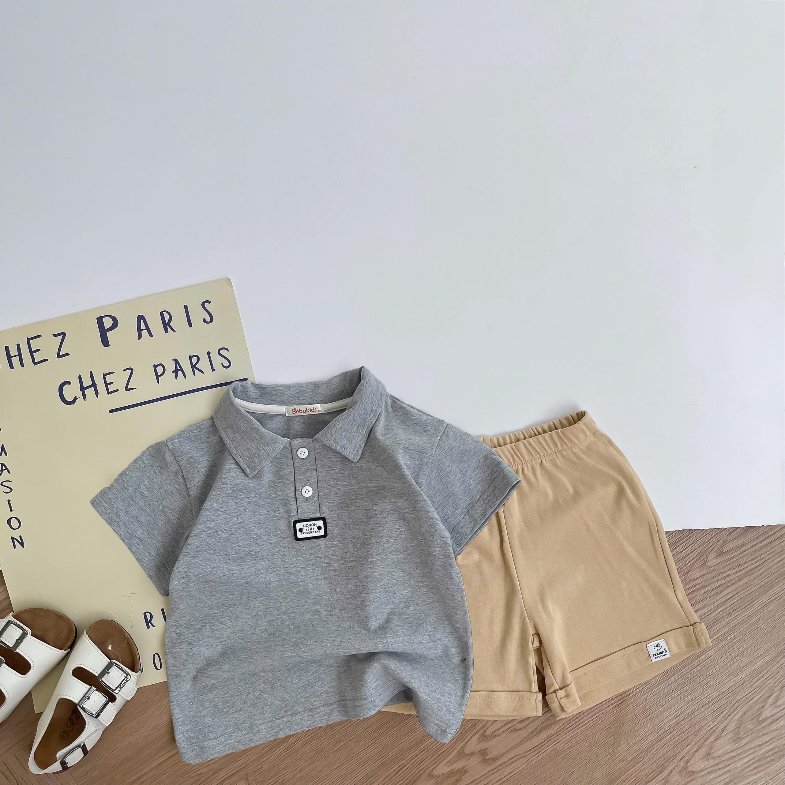 SB2386- bộ polo mix màu bé trai ghi q vàng