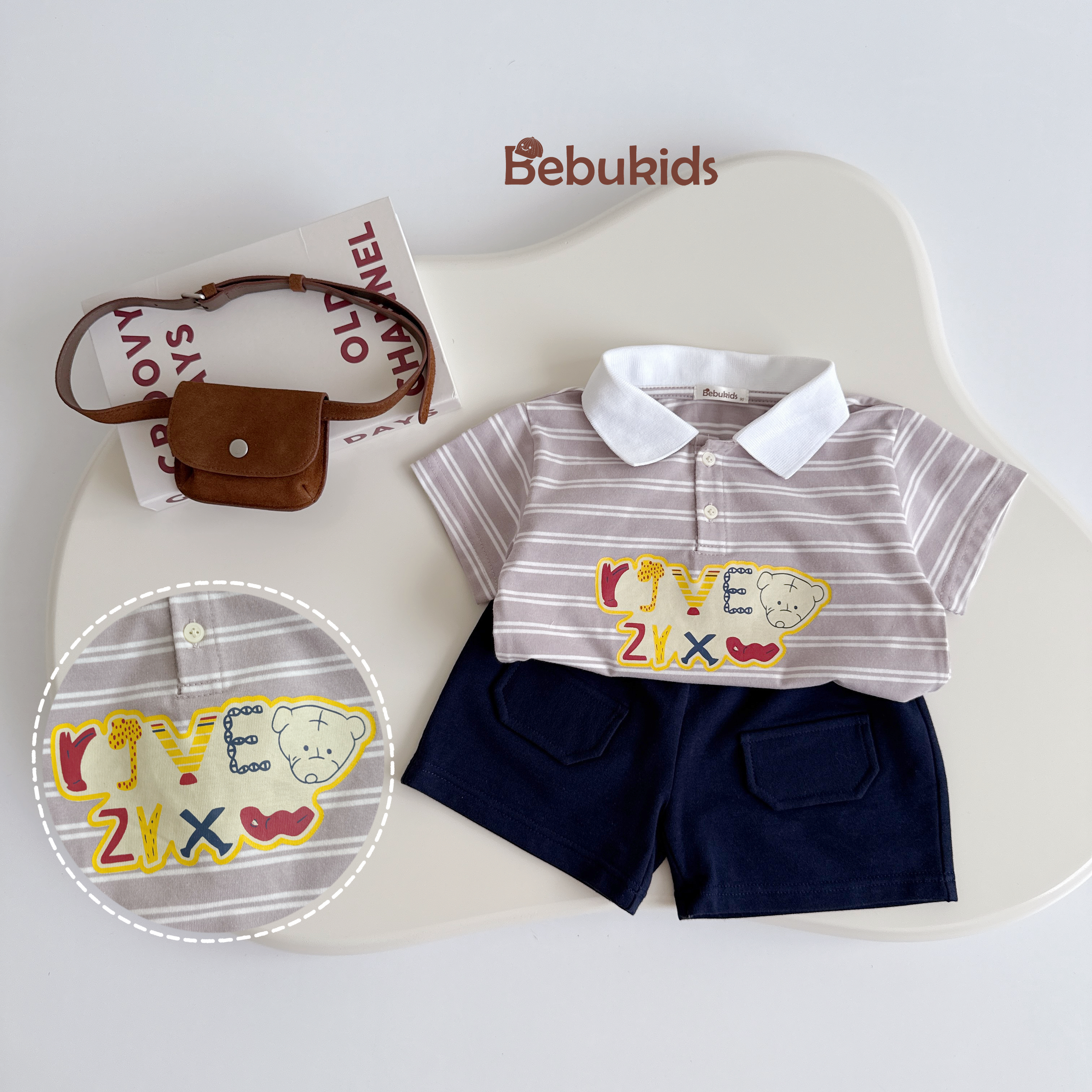 SB2351- bộ polo kẻ ngang  phối cổ in chữ,gấu kẻ tím