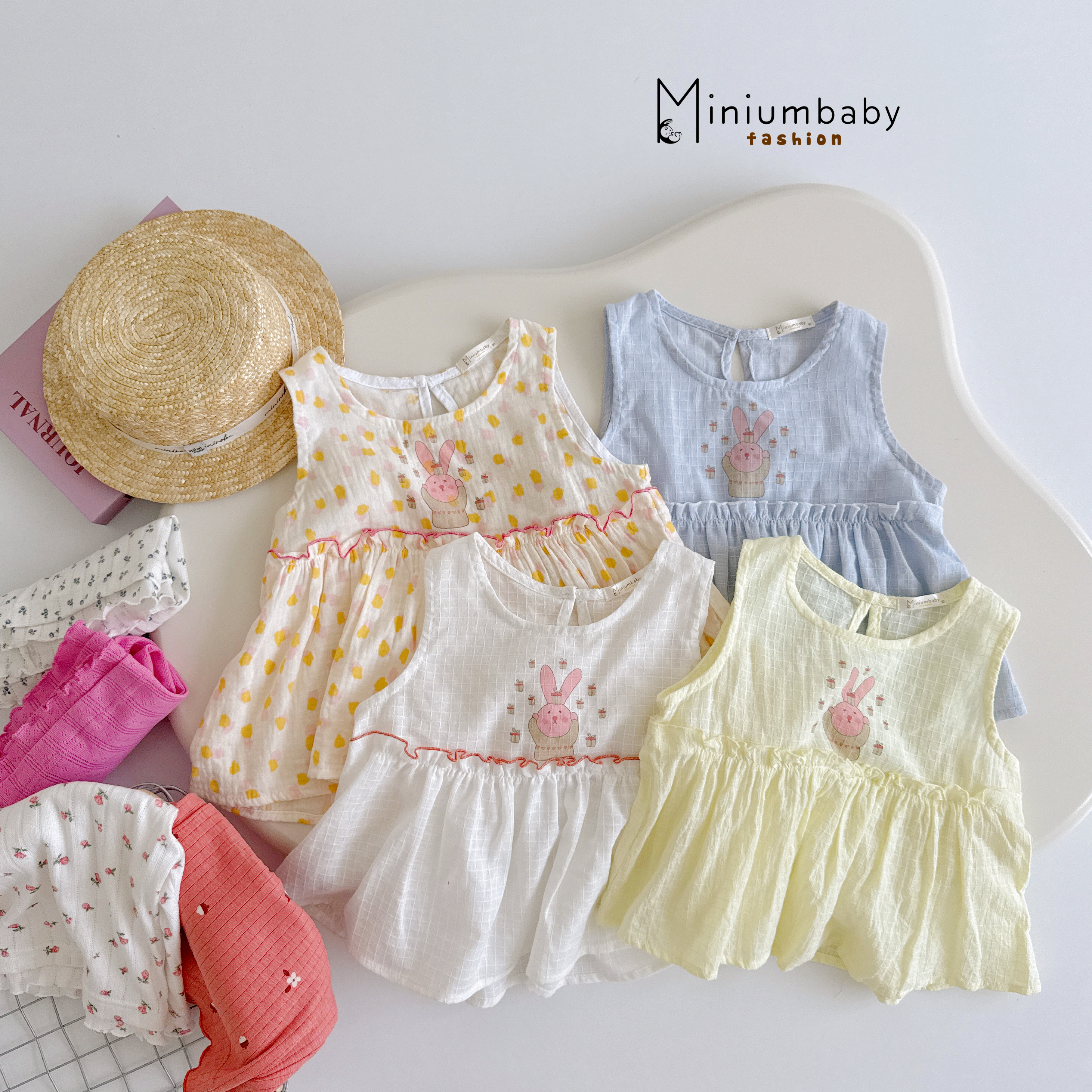 SB2431- bộ sát nách babydoll bé gái in thỏ