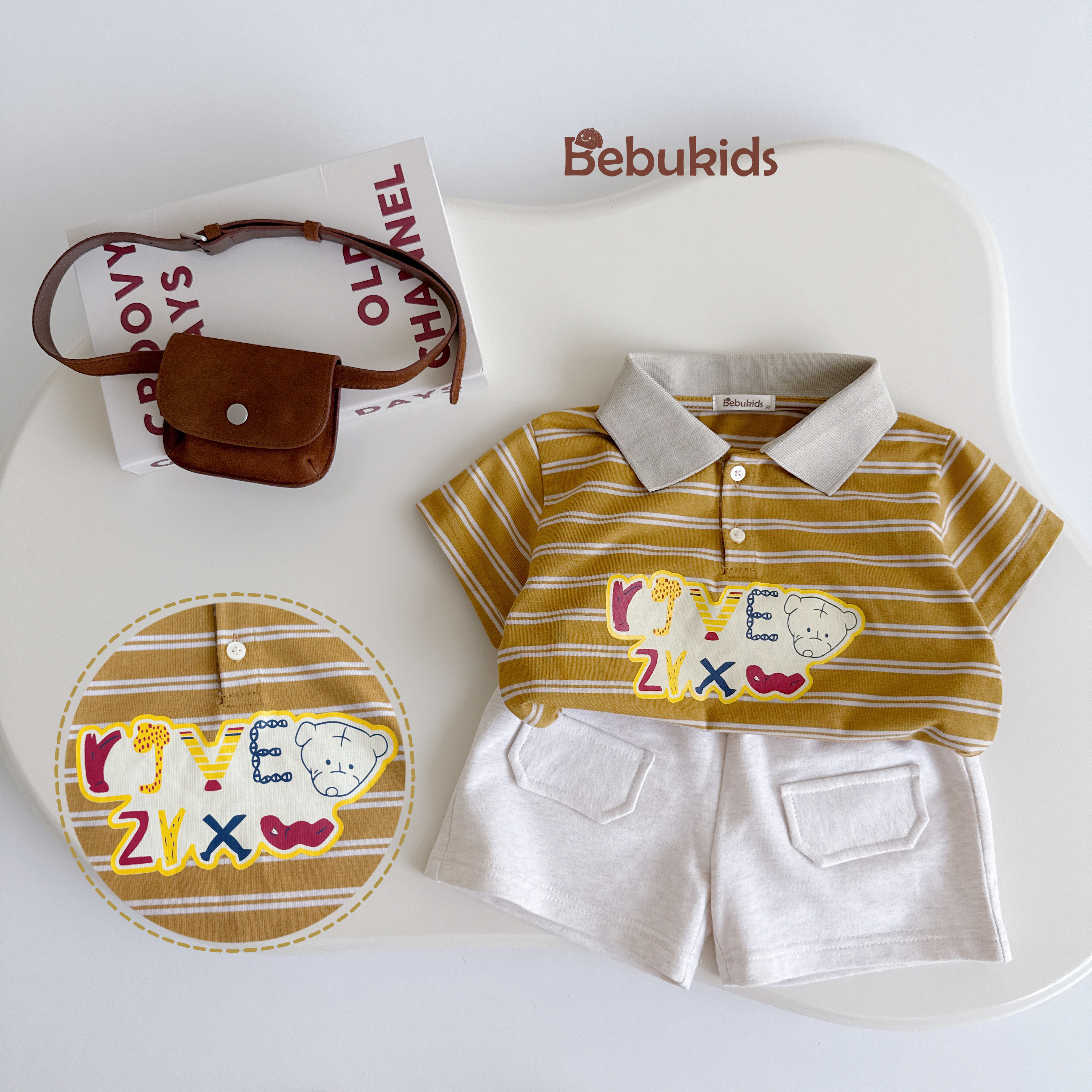 SB2351- bộ polo kẻ ngang  phối cổ in chữ,gấu kẻ nâu