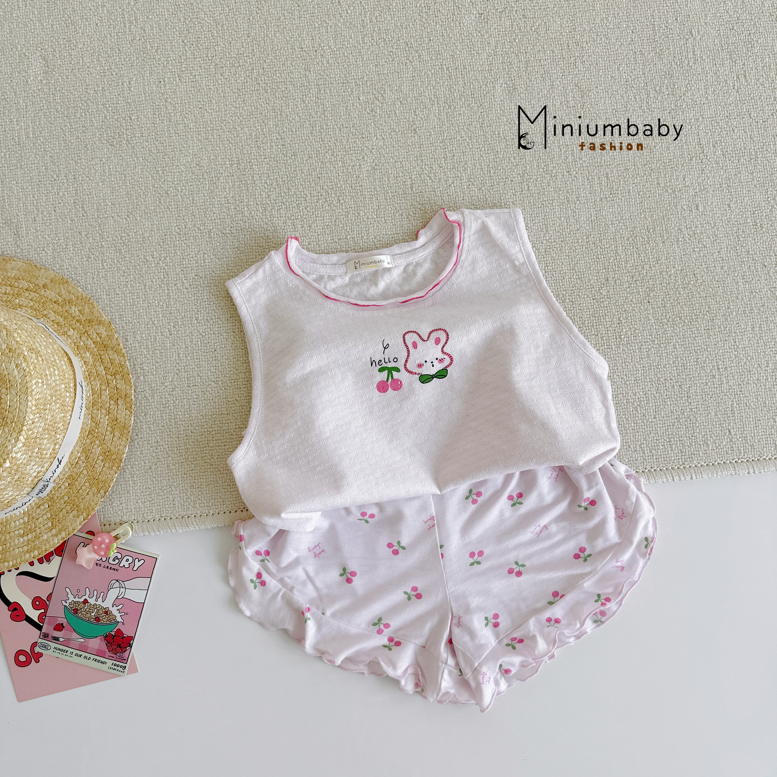 SB2421- bộ sát nách bé gái bèo cổ in thỏ cherry phối quần kẻ, cherry áo hồng q chery
