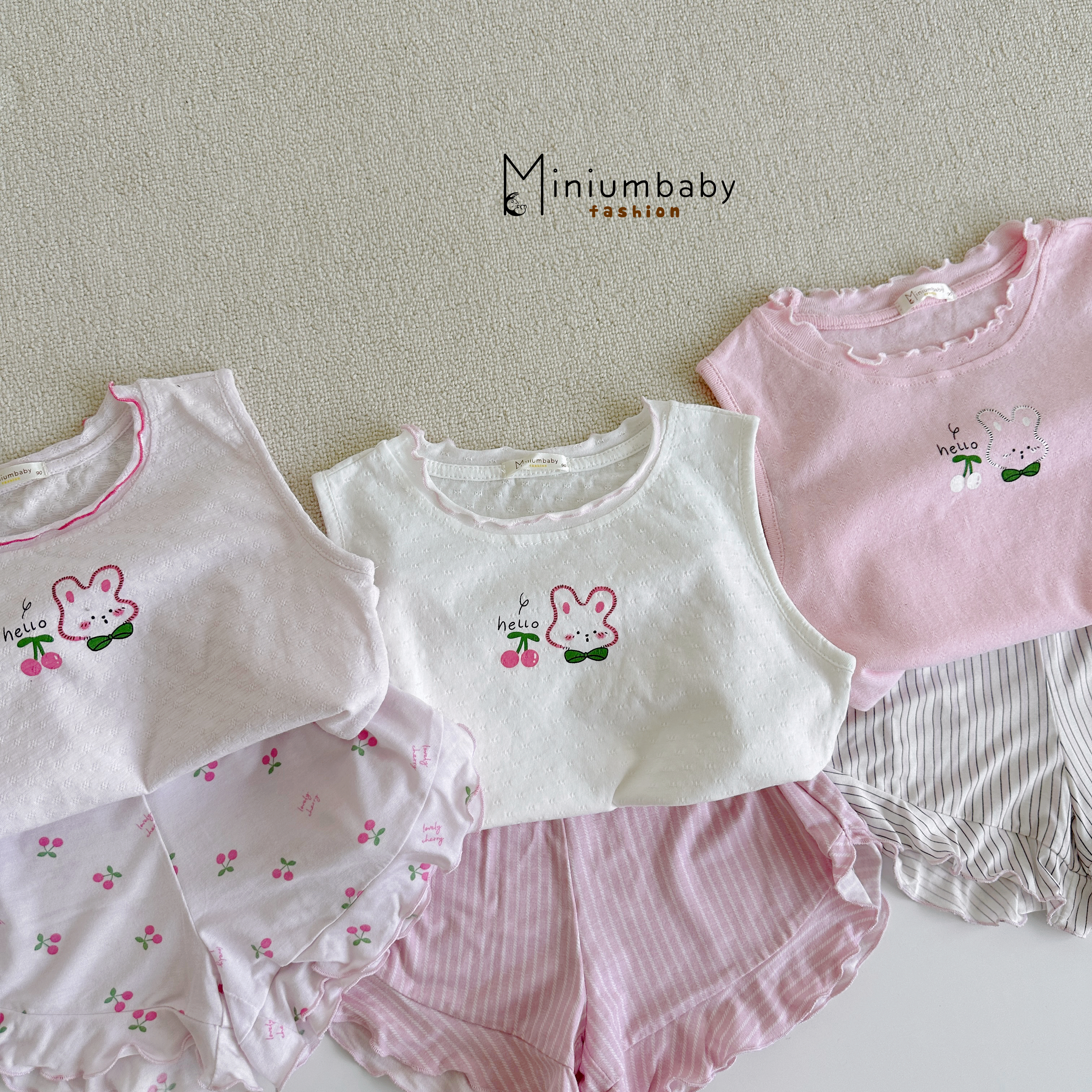 SB2421- bộ sát nách bé gái bèo cổ in thỏ cherry phối quần kẻ, cherry