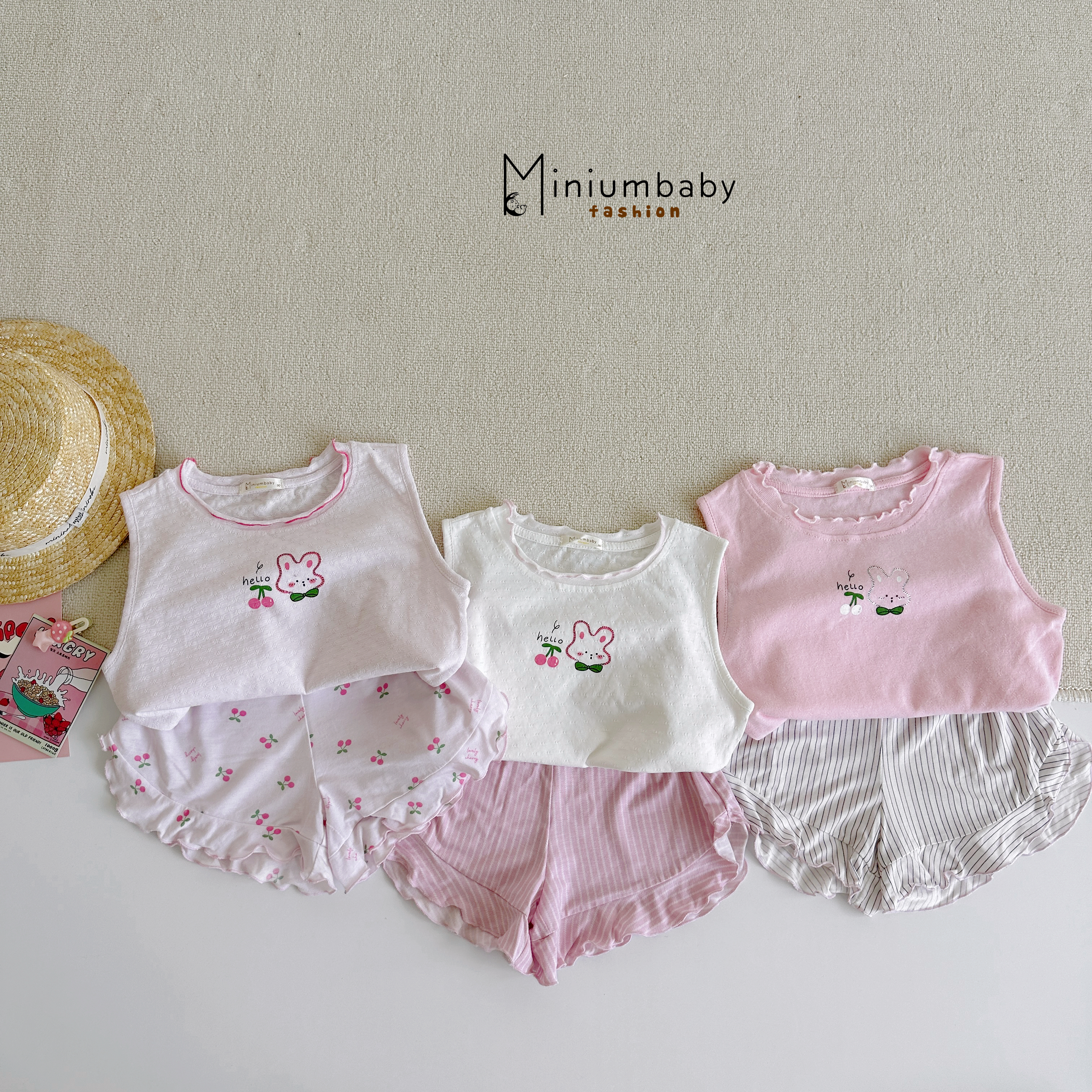 SB2421- bộ sát nách bé gái bèo cổ in thỏ cherry phối quần kẻ, cherry