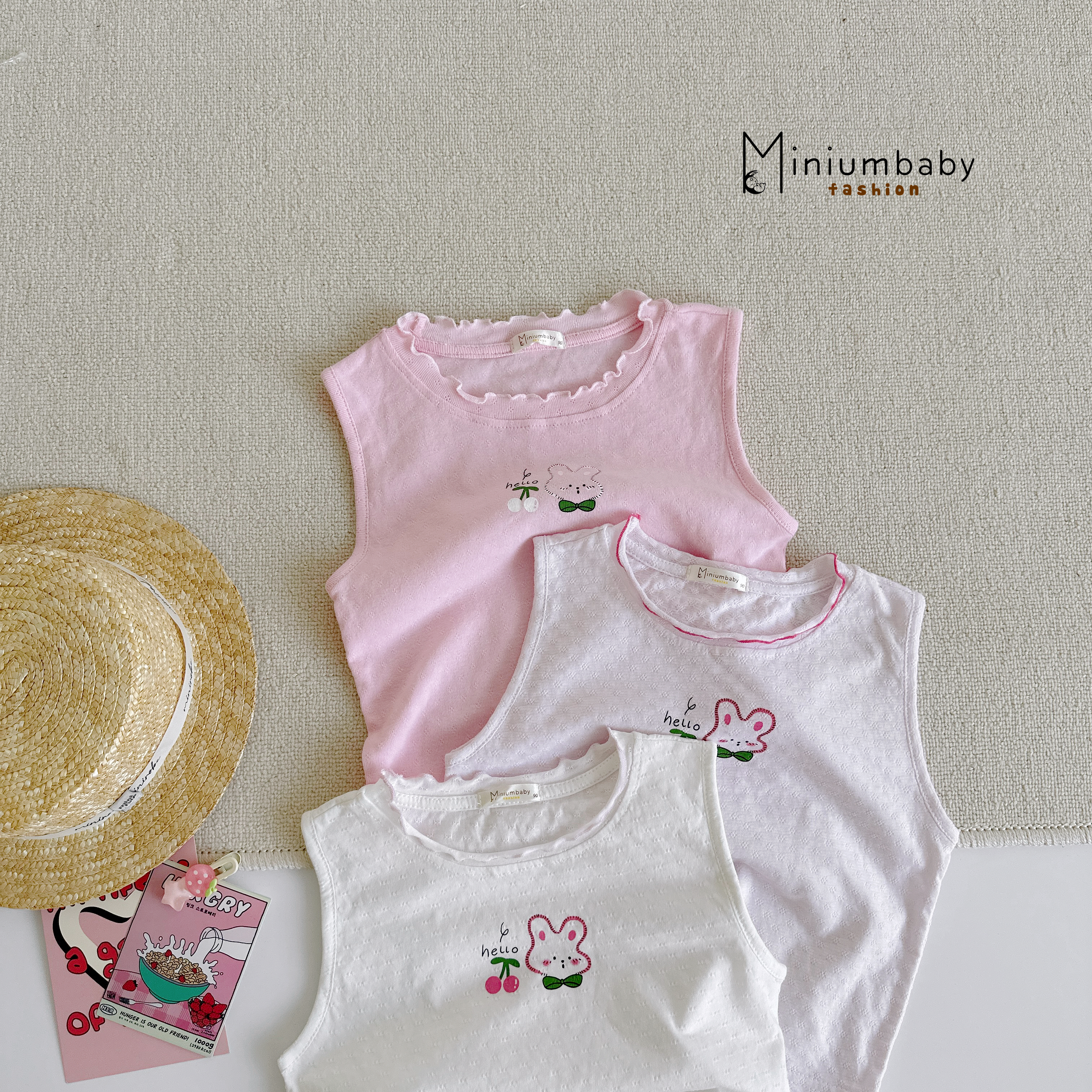 SB2421- bộ sát nách bé gái bèo cổ in thỏ cherry phối quần kẻ, cherry