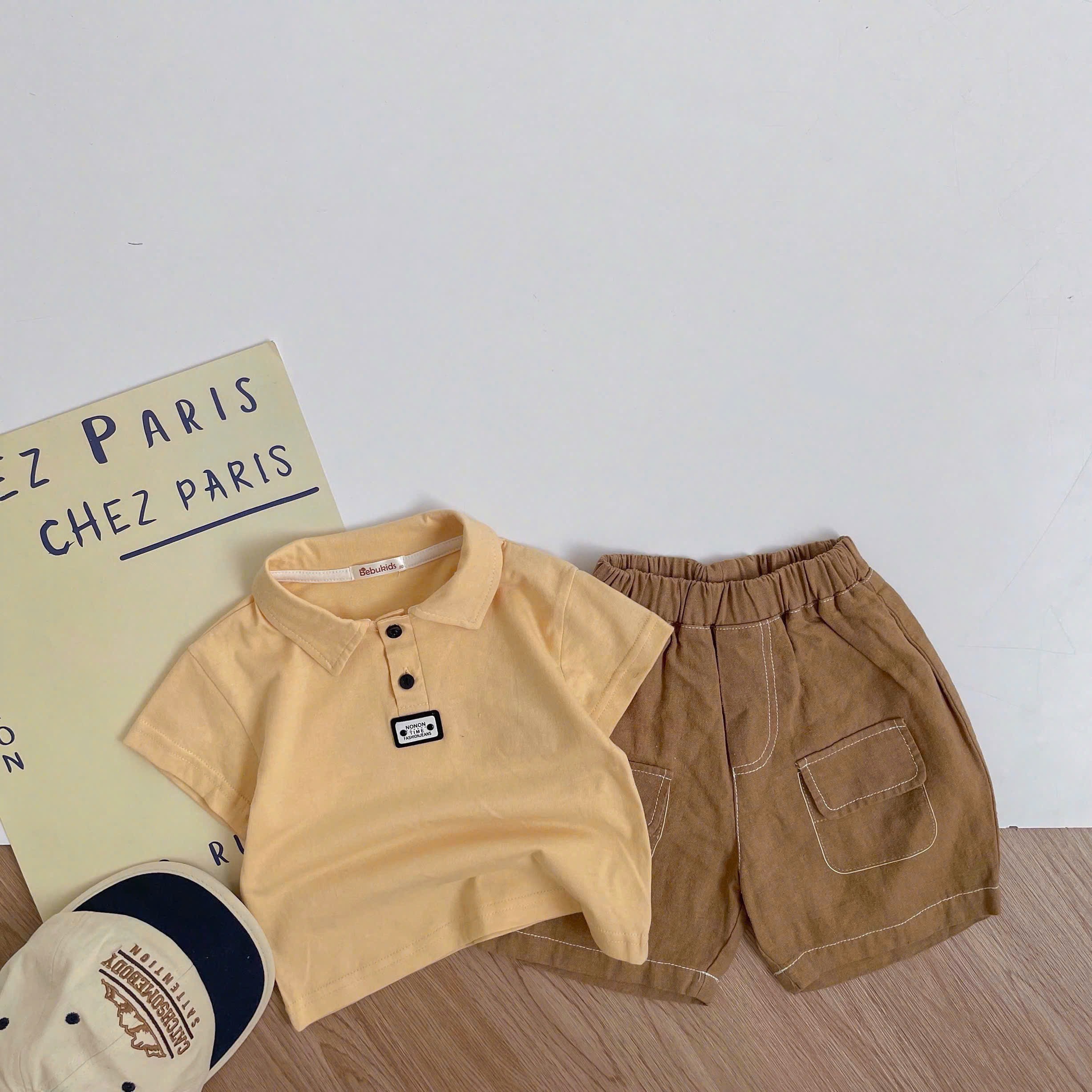 SB2386- bộ polo mix màu bé trai vàng q nâu