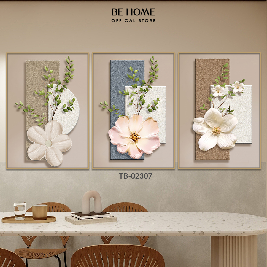 Bộ 3 Tranh Dán Tường Treo Tường Canvas Hoa Lá Trang Trí Phòng Khách Sang Trọng, Khách Sạn – BeHome Decor 2