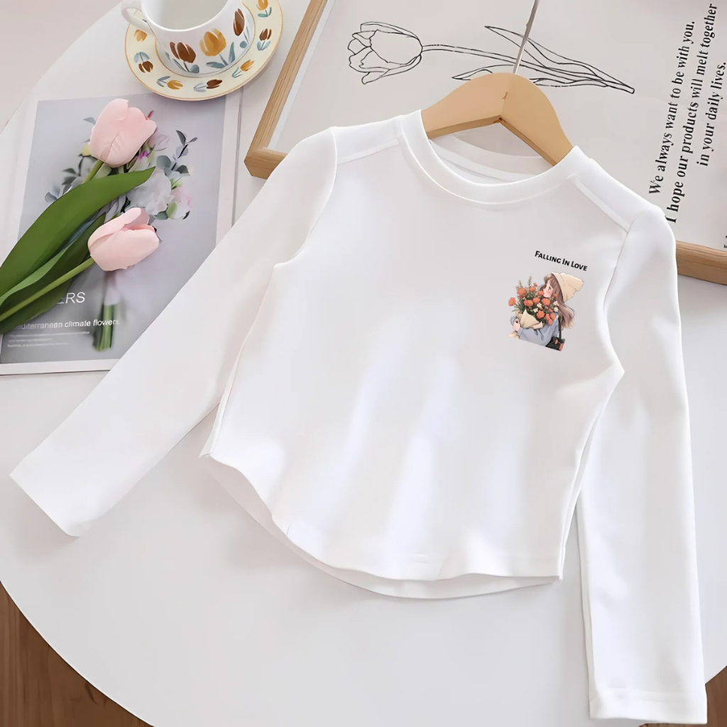 Áo thu đông dài tay bé gái cổ tròn in hình bé gái chất thun borip co giãn 4 chiều - Loza- G0423