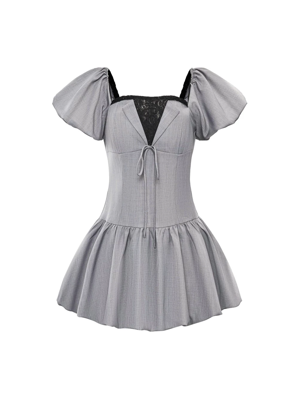 Mặt trước đầm DA170 dựng form: ngực bẻ ve phối ren đen, dây buộc, tay phồng, váy bí