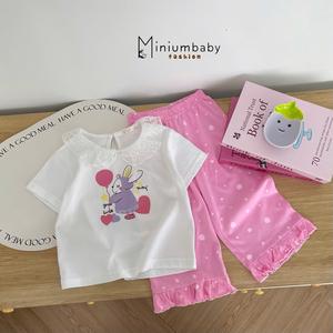 Bộ cộc tay bé gái cổ zen, in họa tiết thân trước, quần phối beò gấu