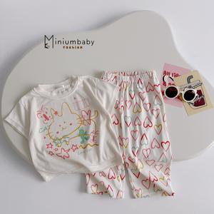 Bộ cộc quần lửng bé gái in mèo phối quần tim