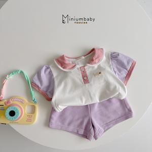 Bộ cộc cổ sen phối cổ, tay đính logo mèo dưới nẹp