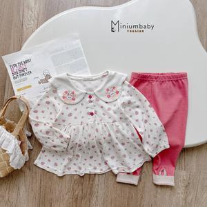 SB2453- bộ dài tay babydoll hoa cổ sen in thỏ hoa, quần trơn đính tai thỏ