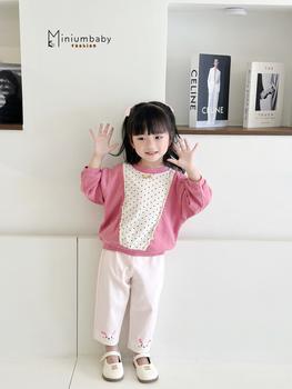 SB2213- bộ dài tay phối ngực đính nơ, quần in thỏ gấu quần