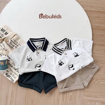SB2243- bộ polo cộc cổ kẻ in  gấu trúc