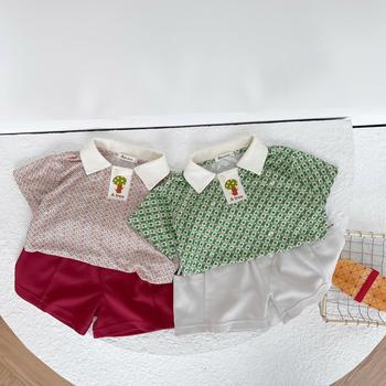 SB2277- bộ polo chấm tròn kẻ phối cổ nẹp, in cây ở nẹp