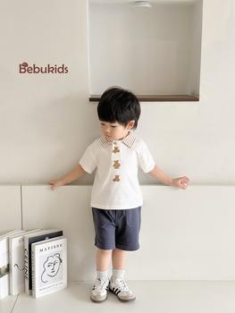 SB2165- bộ polo in  gấu dọc phối cổ kẻ