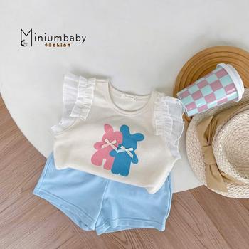 SB2313- bộ cánh tiên bé gái in gấu xanh hồng đính nơ