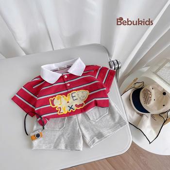 Bộ polo kẻ ngang  phối cổ in chữ,gấu