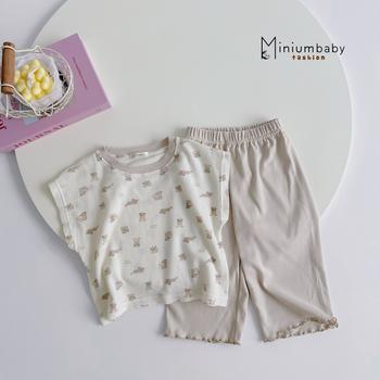 Bộ sát nách bé gái phối cổ quần màu trơn, áo in họa tiết