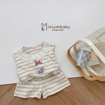 SB2363- bộ sát nách kẻ bé gái cổ zen in  chú cún dọc ngực