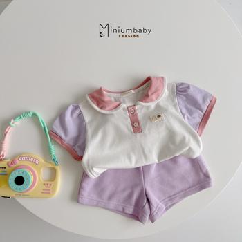 Bộ cộc cổ sen phối cổ, tay đính logo mèo dưới nẹp