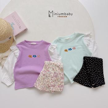 Bộ dài tay bé gái phối tay bèo vai bo tay in hoa