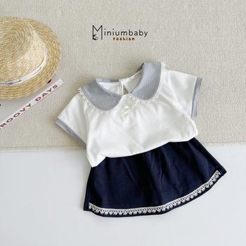 SB2426-bộ cộc tay bé gái phối cổ, gấu tay quần váy kẻ, cổ đính ren
