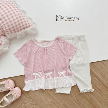 Bộ sọc kẻ in cổ sen, in 3 nơ bèo vạt áo phối quần trơn