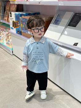 Bộ dài tay bé trai phối cổ, tay kẻ in voi,chữ