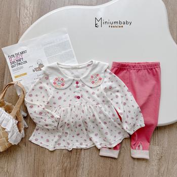 SB2453- bộ dài tay babydoll hoa cổ sen in thỏ hoa, quần trơn đính tai thỏ