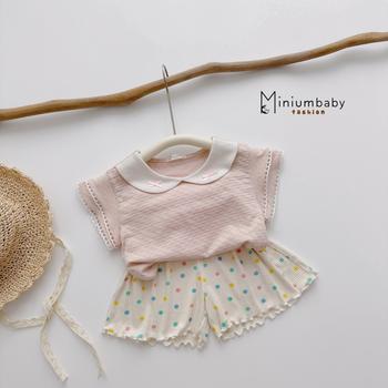 SB2457- bộ cộc tay cổ sen đính nơ, ren tay 2 tầng, quần tim bi màu