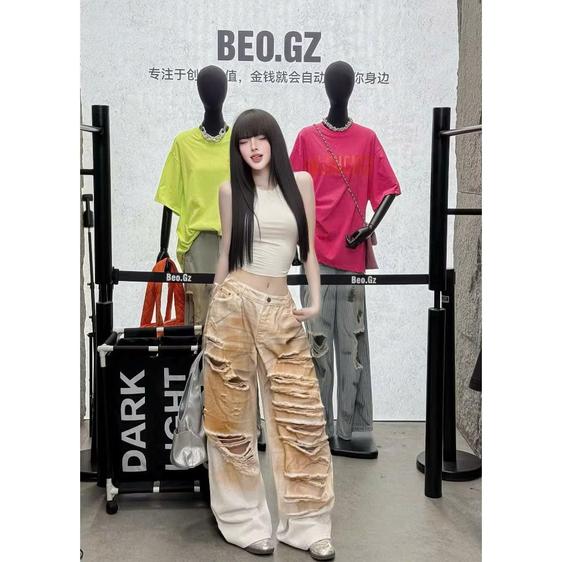 Product image - jean kaki xuông rách phủ sơn màu