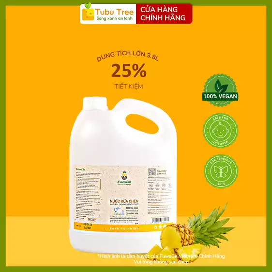 Product image - Nước rửa chén FUWA3E enzyme sinh học dứa 3.8L – Rửa chén ăn dặm, an toàn da tay