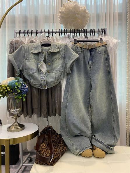 Product image - Set jean bò quần xuông + áo cộc tay