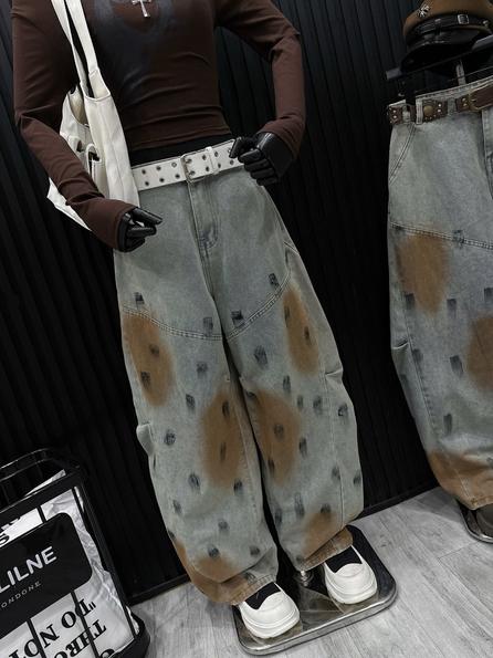 Product image - quần jean màu nâu rêu phối màu cá tính