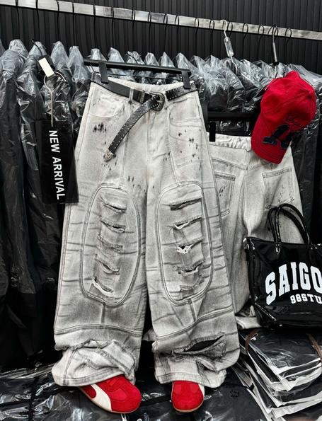 Product image - quần jean 2 lớp trắng mài rách, lót đen